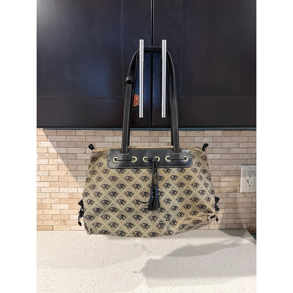 Dooney Bourke Tassel Tote Black Gray Canvas Leather Trim